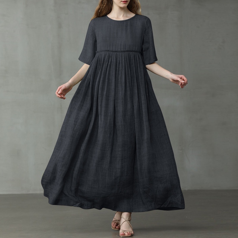 Đầm Zanzea cotton trơn tay lỡ xếp ly phong cách Mỹ cho nữ
