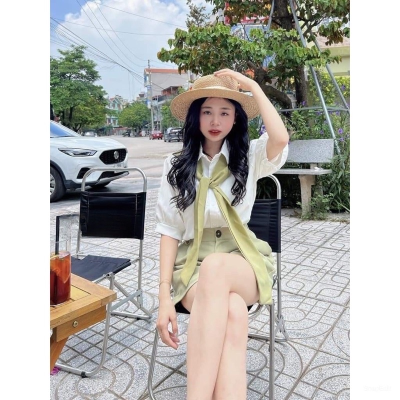 Set áo sơ mi nữ cộc tay may liền khăn dáng rộng chất đũi lụa mịn phong cách Hàn quốc