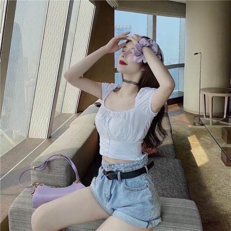 Áo trắng croptop siêu xinh, áo trắng cổ vuông chất mềm đẹp