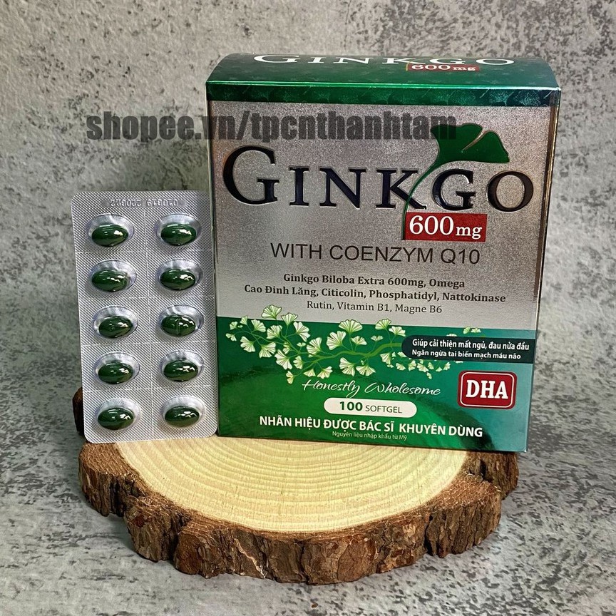 Viên uống bổ não GINKGO 600 giúp tăng cường trí nhớ, tăng tuần hoàn máu não, ngừa tai biến – HỘP 100 viên (Xanh )