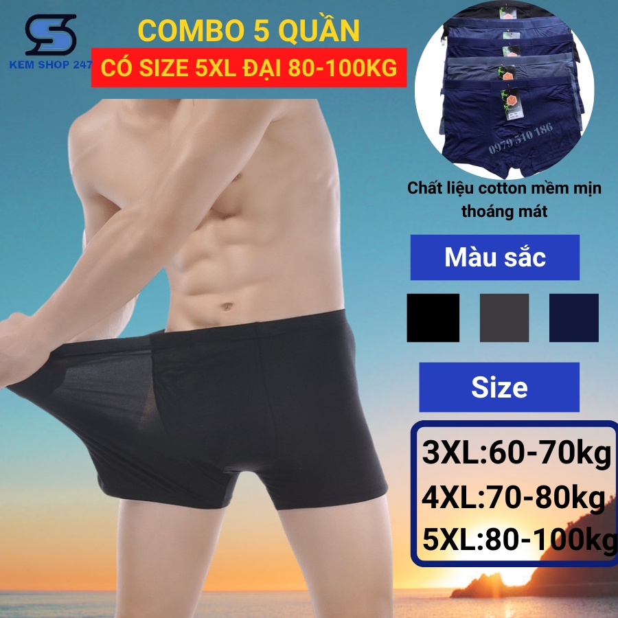 Bộ 5 Quần Lót Nam Boxer BigSize Thun Lạnh Từ 80-100kg Co Giãn Và Thấm Hút Mồ Hôi
