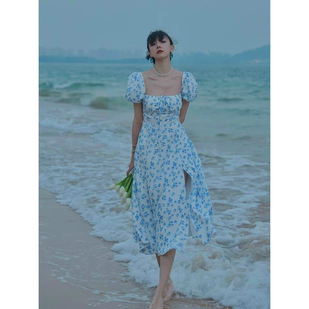 Đầm Suông Hoa Midi Xẻ Đùi, Váy Suông Hoa Xanh Nhíu Ngực Form Váy Vừa Vặn Tôn Dáng Cực Kì Đẹp CHo Các Chị Em