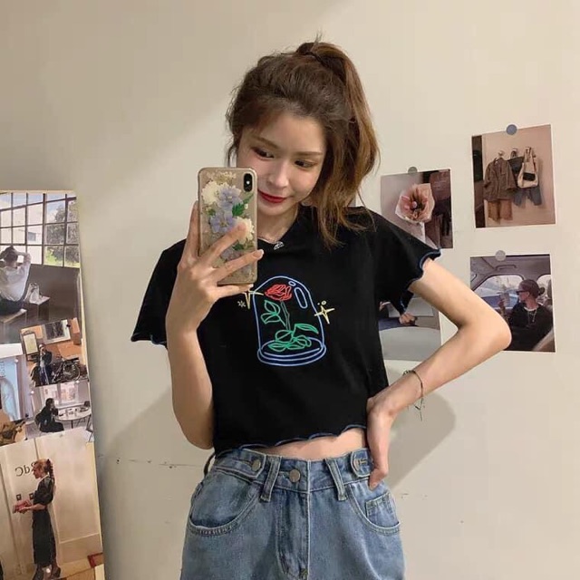 (Ảnh thật) Áo croptop cuốn biên tay ngắn form &lt; 60kg ôm body