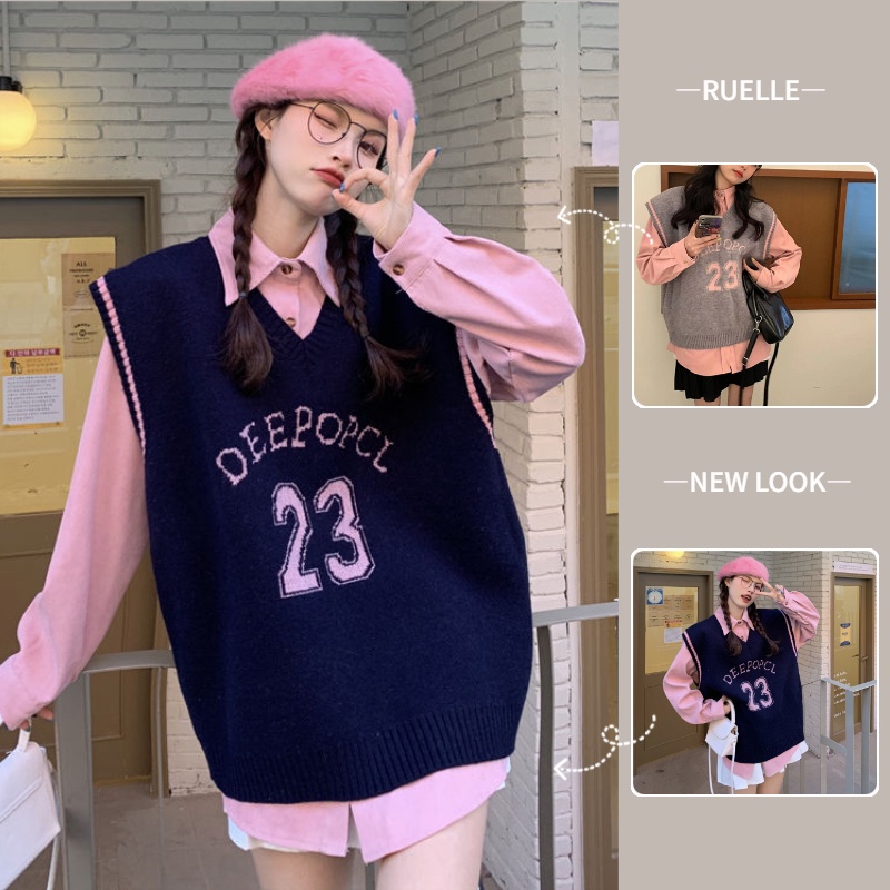 Set áo sơ mi tay dài cổ chữ v số 23 + áo len không tay dáng rộng cho nữ có bán lẻ