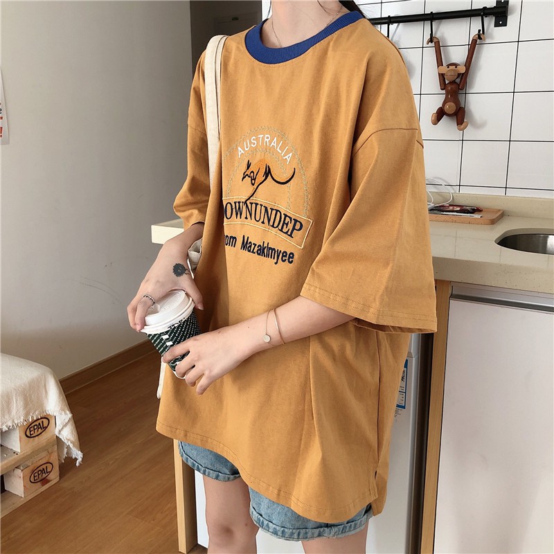 Áo thun nữ đẹp form rộng tay lỡ thời trang unisex giá rẻ, Áo phông nữ form rộng cổ viền tròn thêu chữ thời trang