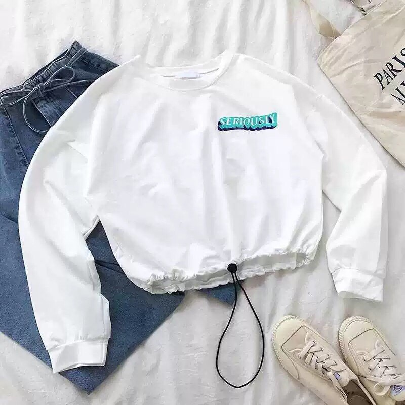 Áo Thun Tay Dài Form Croptop Phối Dây Rút Eo In Chữ SERIOULY Cá Tính TTSL0086