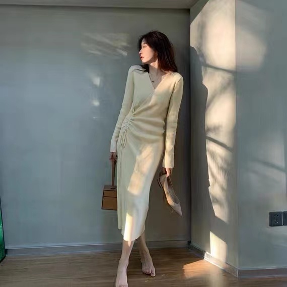 SUXI Đầm ôm tay dài cổ chữ V thiết kế mới thời trang mùa thu gợi cảm cho nữ