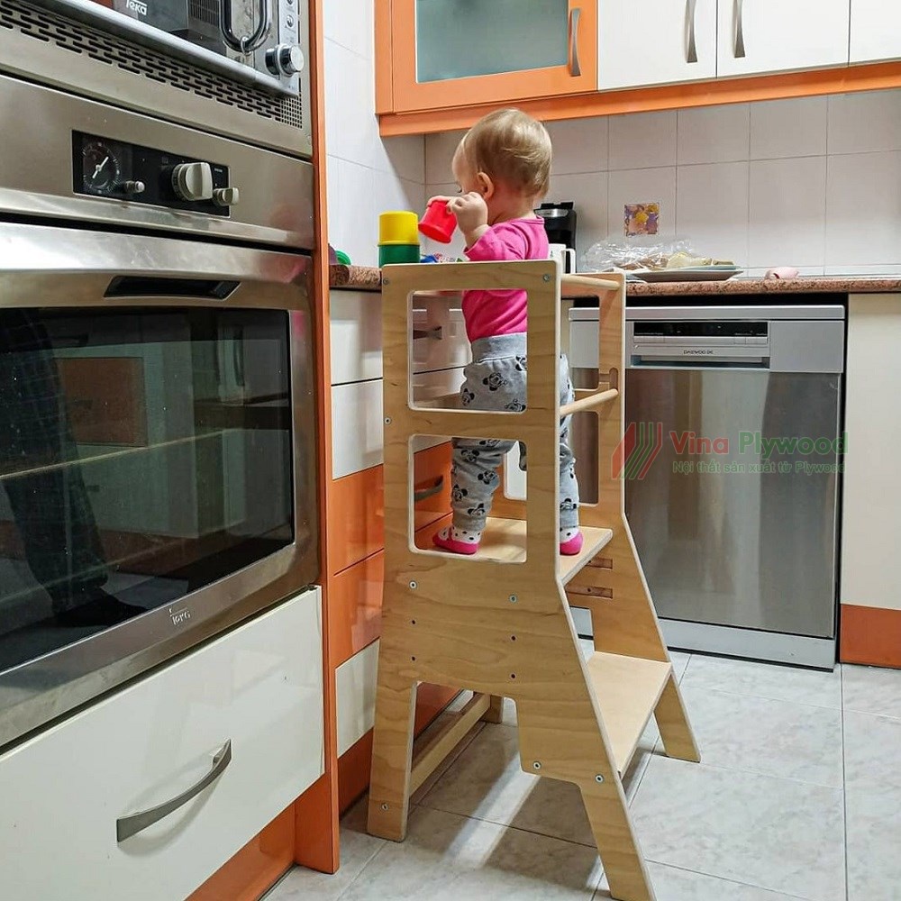 Ghế đứng bếp, tháp học tập cho bé_giáo cụ phương pháp học Montessori, chất liệu gỗ plywood an toàn cho bé