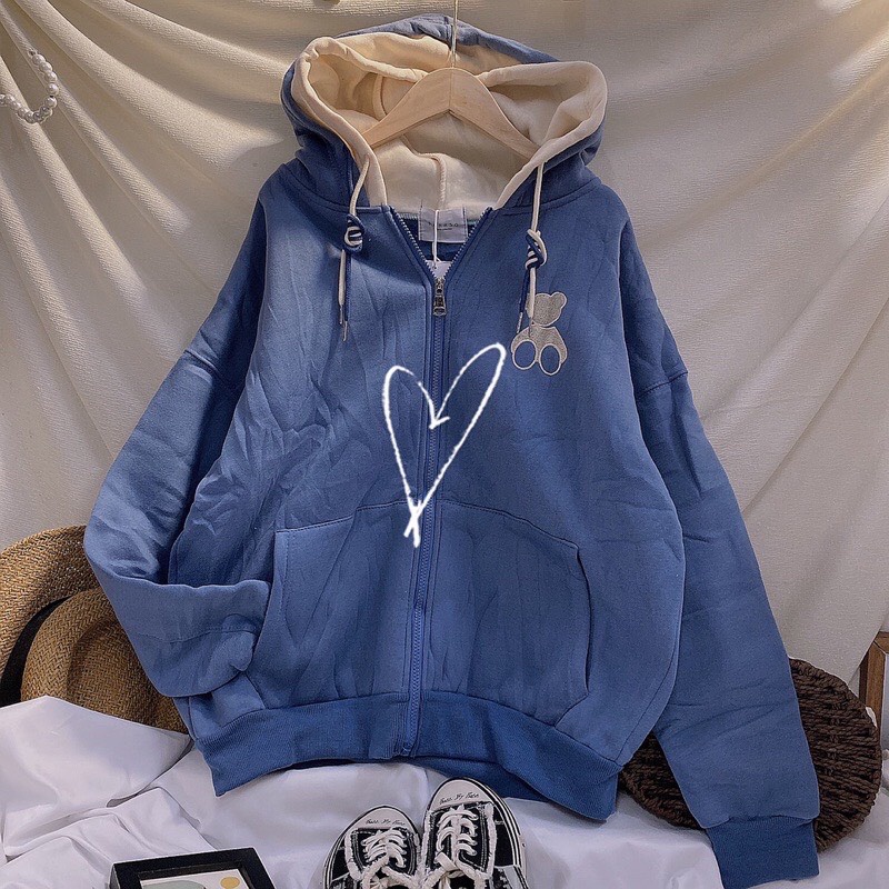 Áo Hoodie Nỉ Bông 2 NÓN THÊU GẤU Form Rộng FREE SIZE Unisex Ulzzang NUPAKACHI
