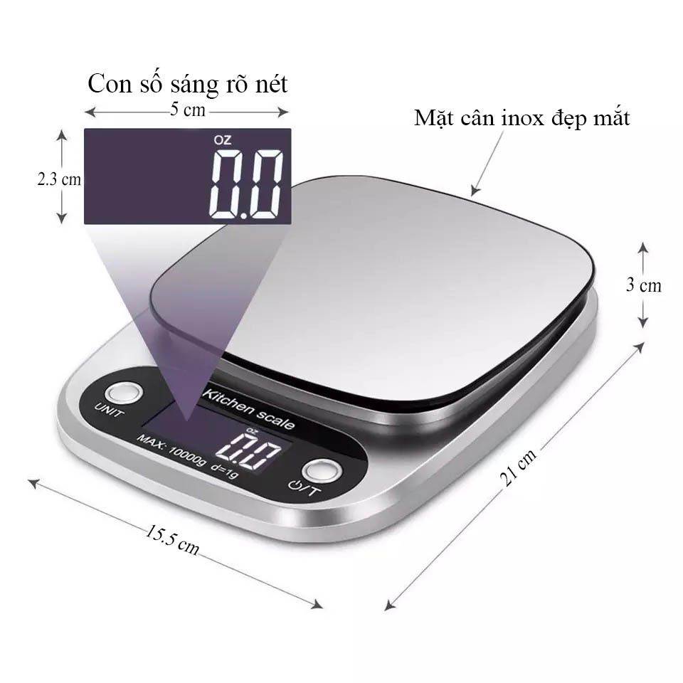 Cân tiểu ly điện tử nhà bếp mini định lượng 1g - 5kg làm bánh độ chính xác cao kèm 2 viên pin AAA