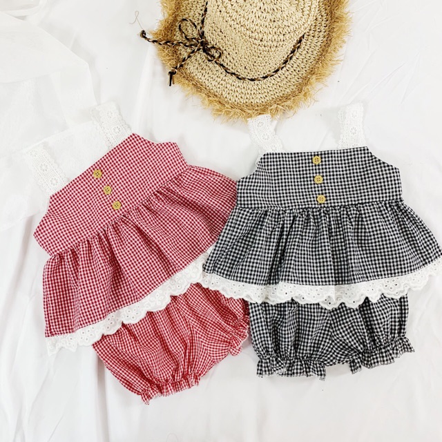 Bộ kẻ caro viền ren siêu đáng yêu cho bé gái - OBK