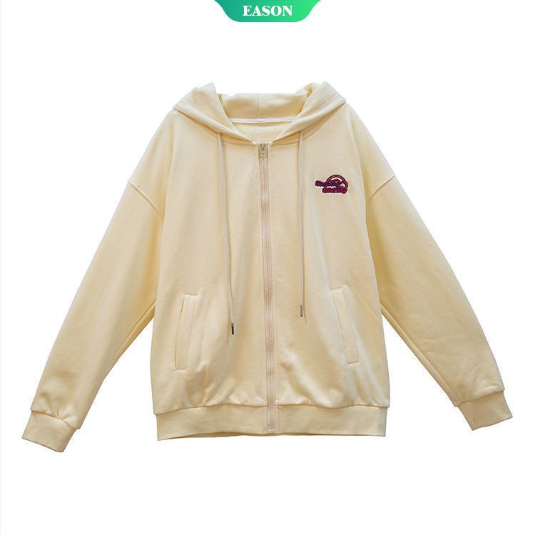 Áo khoác cardigan mỏng dáng rộng màu vàng nhạt in họa tiết có khóa kéo thời trang mùa thu cho nữ