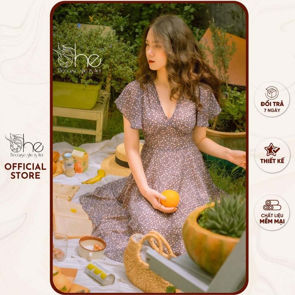 Váy hoa nhí voan thiết kế She, váy trắng tiểu thư dáng xoè đi biển xinh SDX80