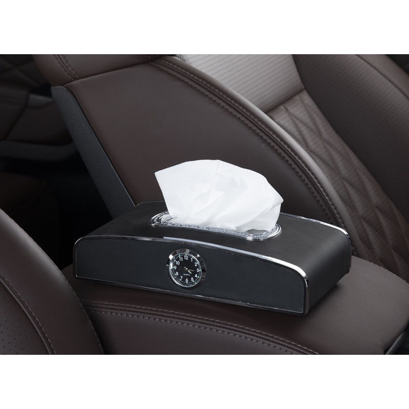 Hộp đựng giấy ăn trên ô tô có đồng hồ và bảng số điện thoại, chất liệu da cao cấp (Tặng kèm miếng dán)