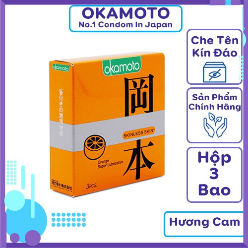 Bao cao su siêu mỏng Okamoto Skinless - Bao cao su mỏng hương cam - bcs siêu mỏng Nhật Bản- Hộp 3 cái