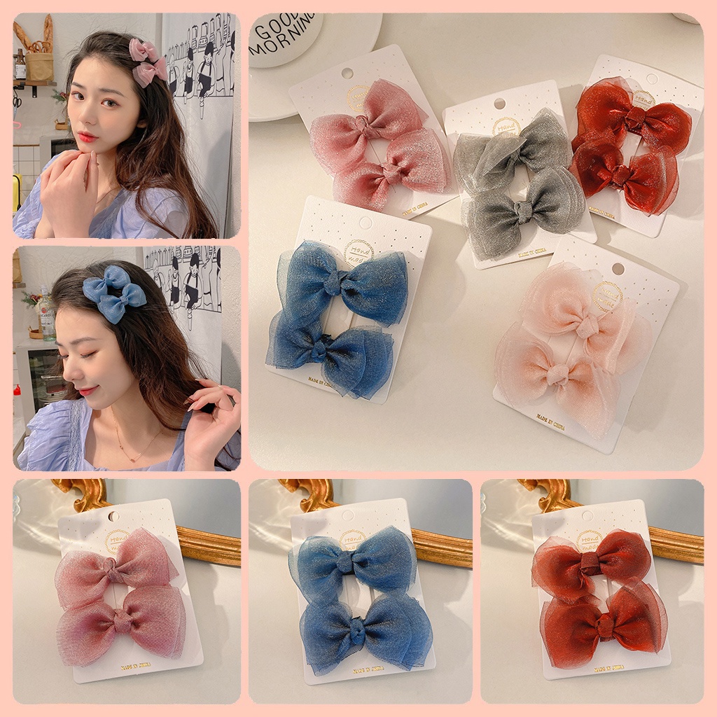 Bộ 2 kẹp tóc hình nơ bằng vải tuyn kiểu dáng dễ thương thời trang Hàn Quốc