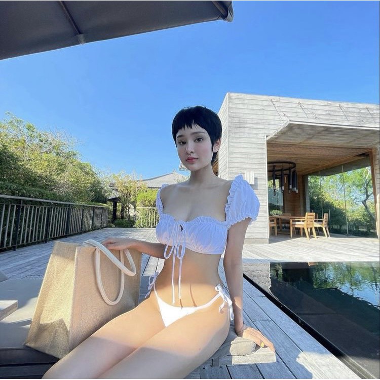 Bikini nữ 2 mảnh quần CHIP sexy áo TAY CON trễ vai nhiều màu (màu đen/ màu trắng)