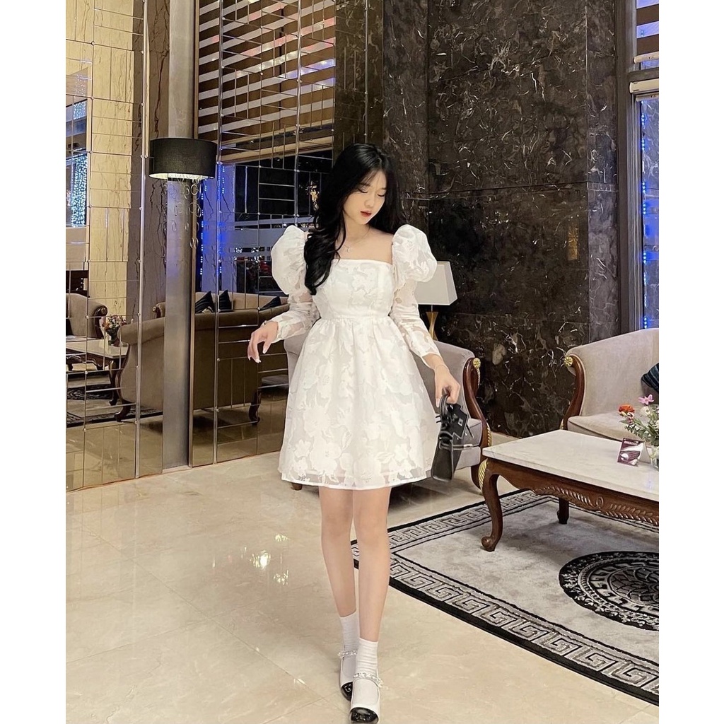 Váy trắng tiểu thư Pretty In Rosé Dress Cúp ngực tay phồng họa tiết sáng da form chuẩn tôn dáng | BigBuy360 - bigbuy360.vn