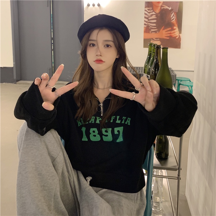 Áo Khoác Nữ Cổ Polo Có Dây Kéo In Chữ Mùa Thu Mới