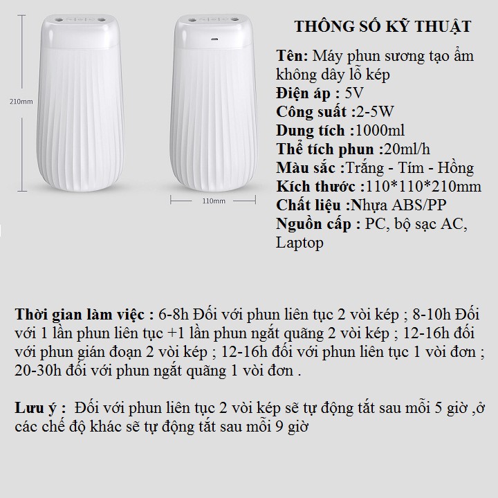 MÁY PHUN SƯƠNG TẠO ẨM 1000ML 2 VÒI PHUN KÉP ,SIÊU MƯỢT KHÔNG GÂY TIẾNG ỒN