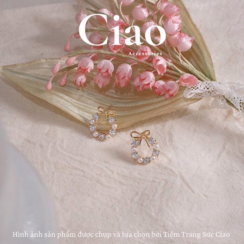 [HOẢ TỐC 1H] Khuyên tai/ Bông tai mạ bạc S925 thiết kế hình nơ đính đá Pretty In Ciao