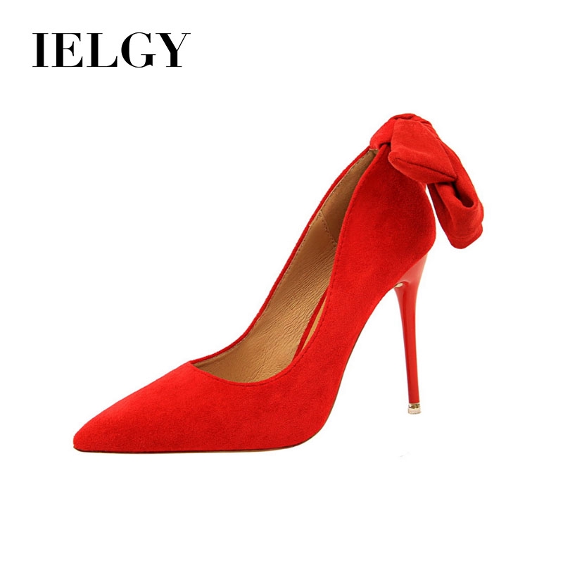 Ielgy Giày Cao Gót Mũi Nhọn Da Lộn Đính Nơ Đơn Giản Cho Nữ