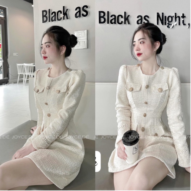Váy Dạ tweed trắng cúc đồng, Chất đẹp - December Fashion