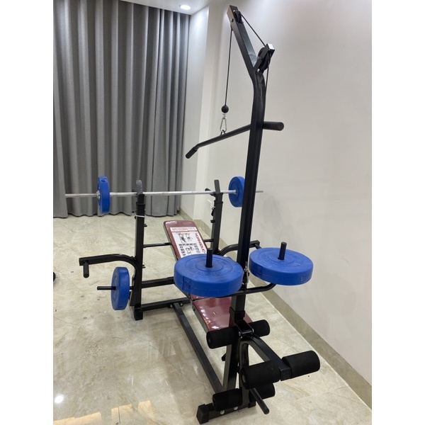 Combo ghế tập tạ đa năng Hoàng Đức Sport kèm đòn tạ 1.5m và 20kg tạ nhựa xuki 0968417433