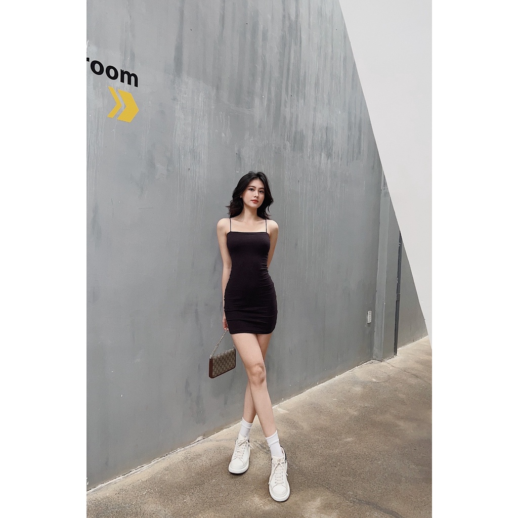 Đầm body nữ hai dây HHVINTAGE kiểu màu trơn thun co giãn Dress A79