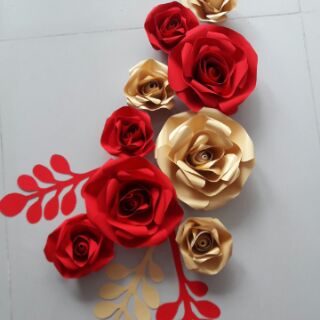set hoa giấy tông gold đỏ