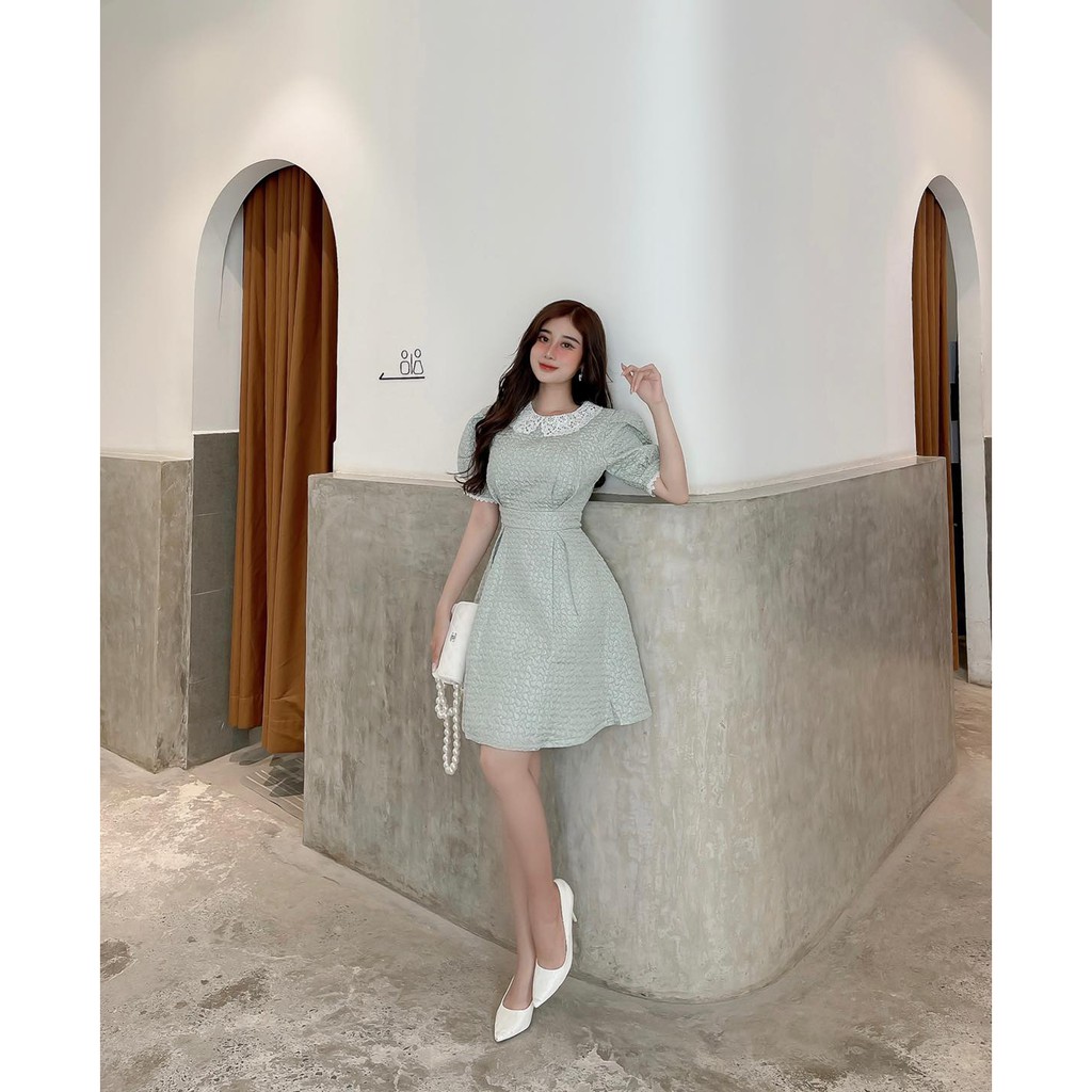 Đầm Xòe Cổ Ren Tay Phồng Màu Xanh Pastel