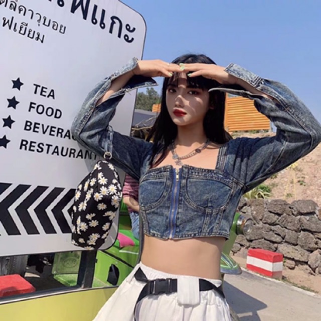 Set áo croptop bò LISA khoá ngực cổ vuông + chân váy đen thắt dây xẻ đùi Ulzzang cá tính sexy ❤️