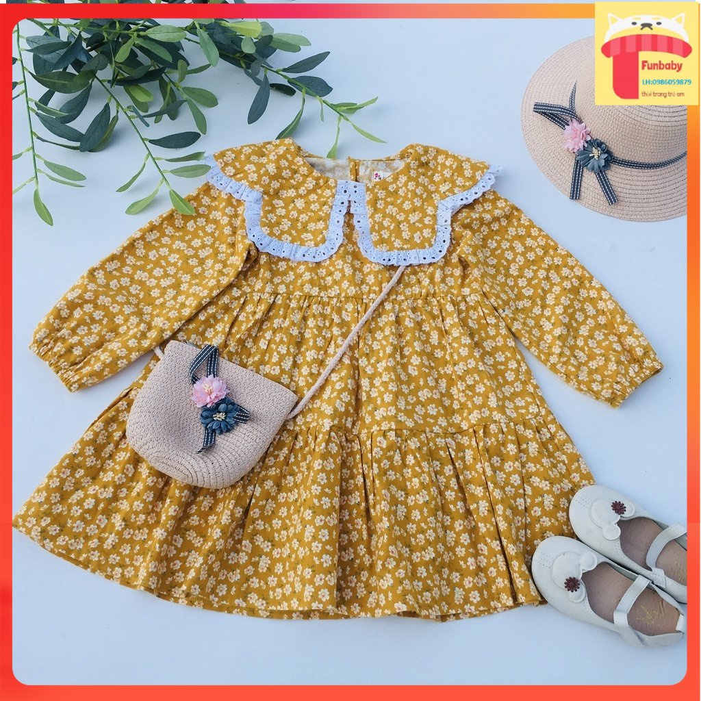 Đầm cho bé gái 2-10 tuổi cổ xòe viền ren, Váy thu đông trẻ em vải cà bông dày dặn mềm mại kiểu dáng điệu đà