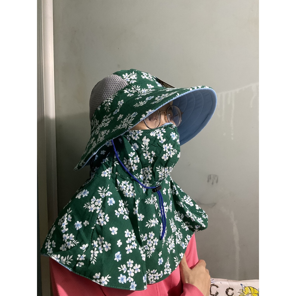 Khẩu trang nón Duy Ngọc vành tròn chất liệu cotton hoa nhỏ nhiều màu, dây kéo 1 bên, thích hợp cho mọi thời tiết