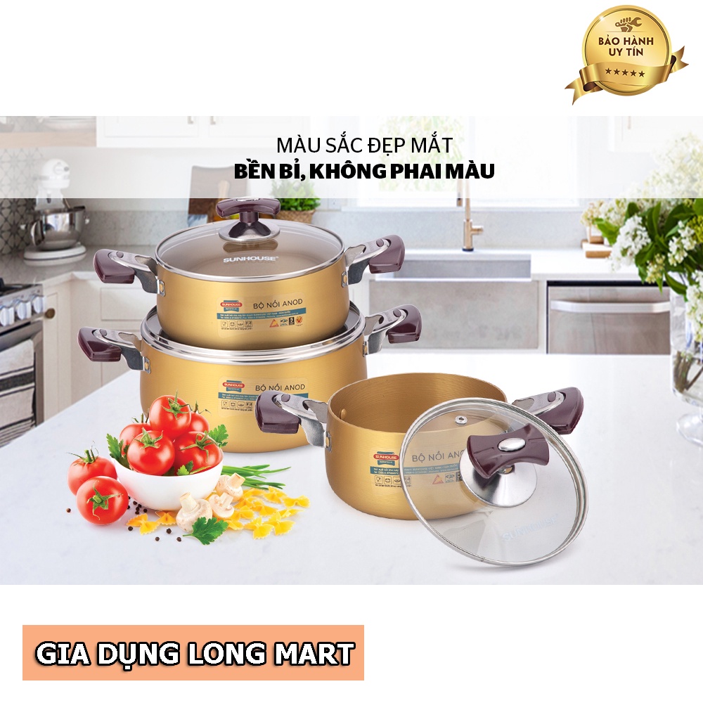 BỘ NỒI ANOD SUNHOUSE SH6634 CHẤT LIỆU NHÔM DÙNG BẾP GAS, BẾP HỒNG NGOẠI, HÀNG CHÍNH HÃNG, BH 12 THÁNG