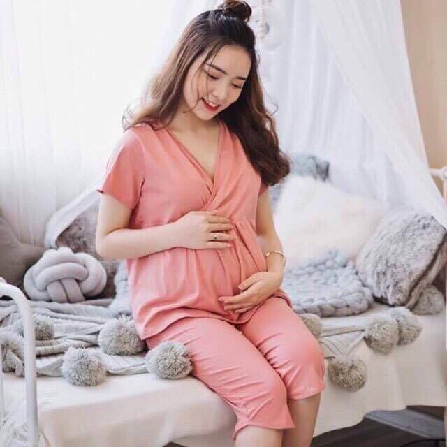 Bộ đồ bầu và cho con bú LỬNG VẠT CHÉO chất coton co dãn mát mịn