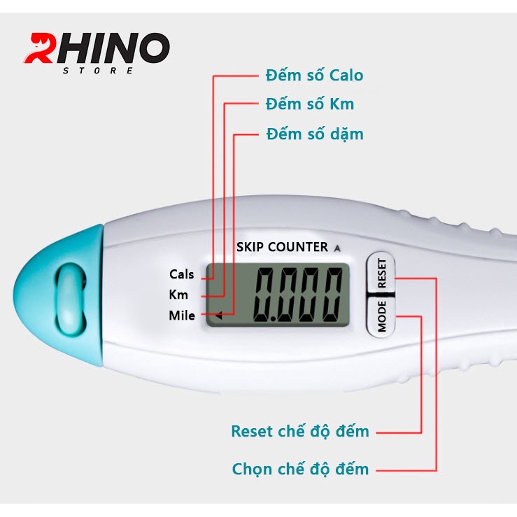 Dây nhảy thể thao, lõi thép cao cấp Rhino J601 tự động đếm số, đếm giờ, tích hợp đo calo, dố km, độ dài tùy chỉnh