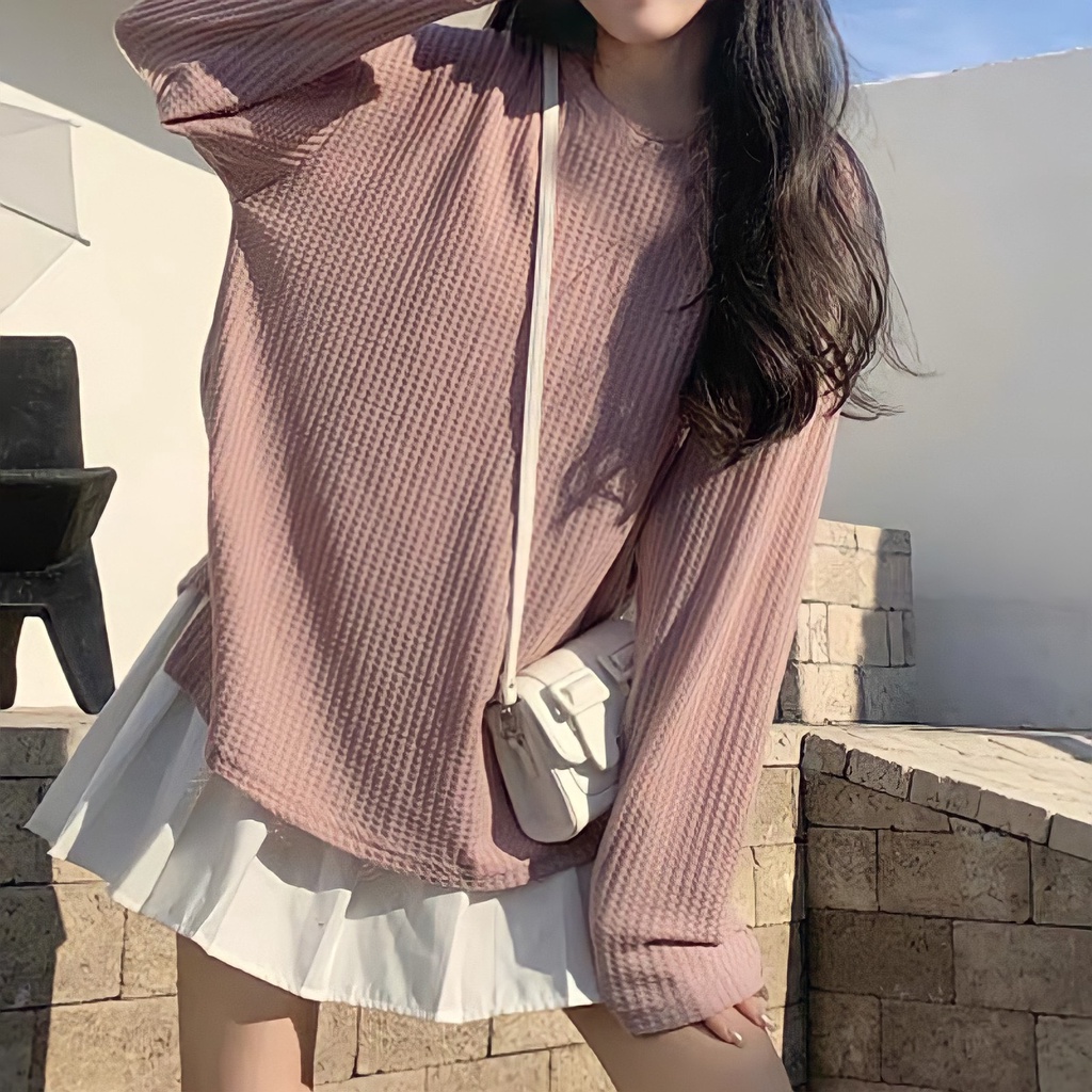 Áo Thun Tổ Ong Cổ Tròn Dài Tay 🦋 Áo Phông Nữ Mỏng Dáng Thụng Hàn Quốc Nhiều Màu 🦋