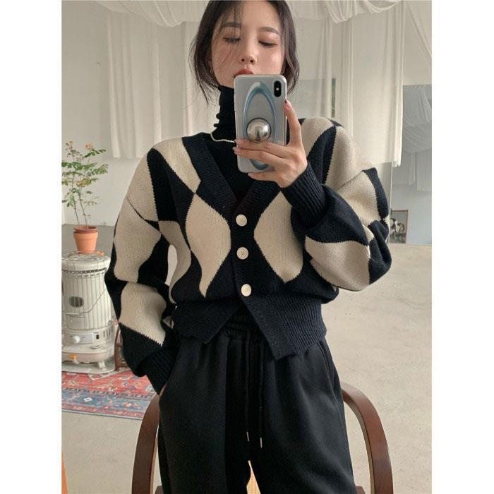 Áo Khoác Cardigan Dệt Kim Dày Dáng Rộng Cổ Chữ V Sọc Ca Rô Tương Phản Thời Trang 2022 Cho Nữ