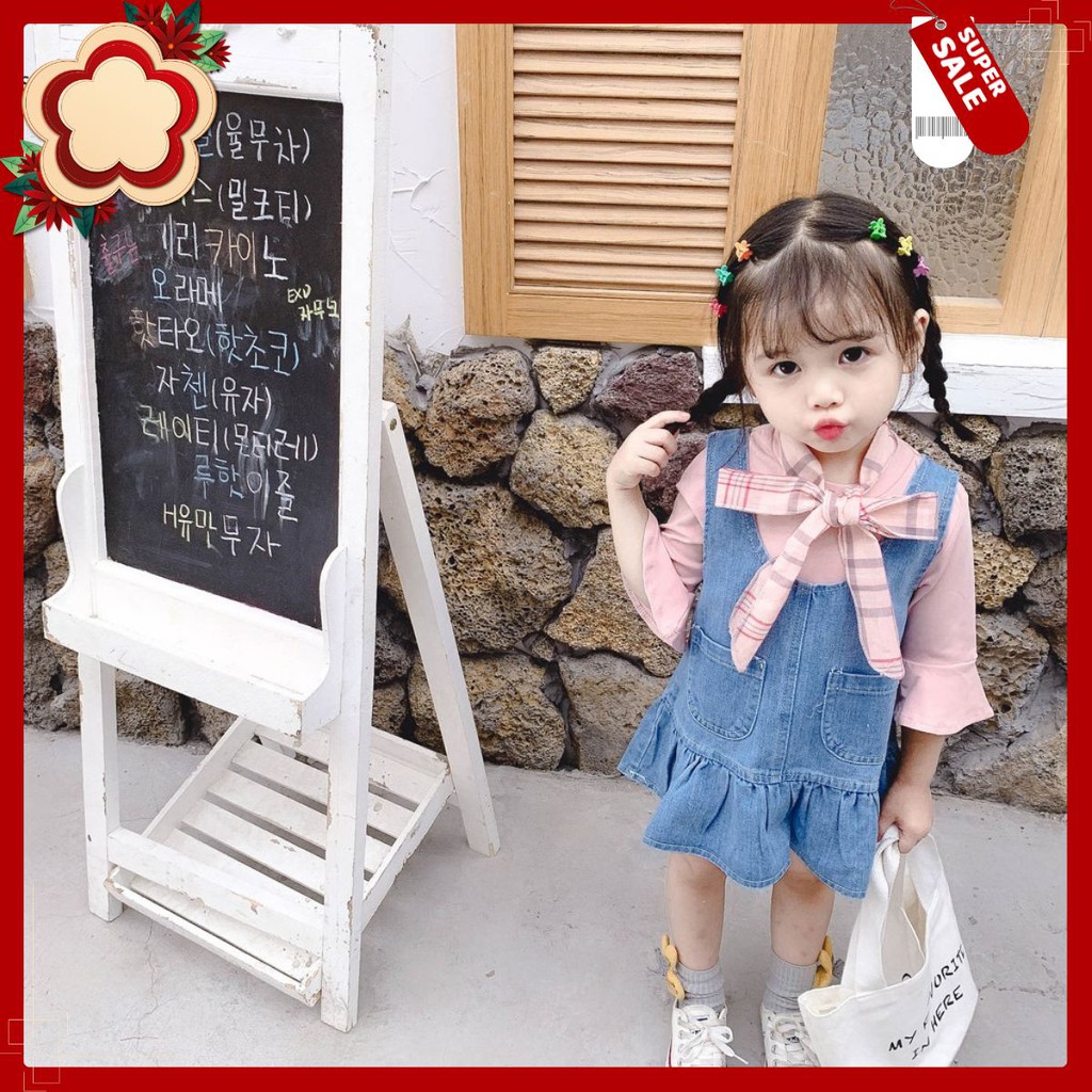 Bộ yếm jean cho bé gái MARUHOUSE Áo Thun Hồng Phấn Tay Lỡ Kèm Yếm Jeans Đuôi Cá Tặng Dây Nơ
