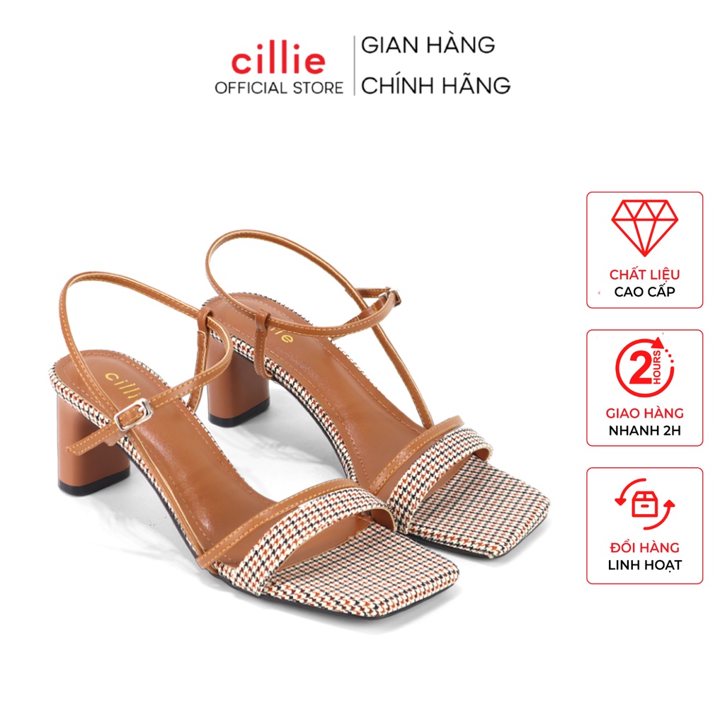 Giày sandal nữ cao gót quai ngang phối vải bố vintage gót vuông cao 7cm đi học đi chơi dạo phố Cillie 1108