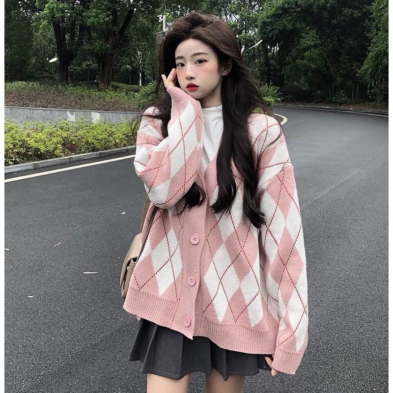 Cardigan len kiểu hàn khoác ngoài màu đen, hồng họa tiết hình kim cương, Áo khoác cadigan nữ form rộng