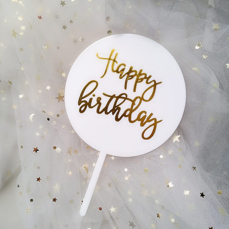 Phụ Kiện Trang Trí Bánh Kem Hình Tròn In Chữ HAPPY BIRTHDAY Bằng Acrylic Màu Đồng