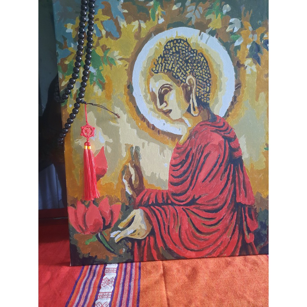 Tranh sơn dầu số hóa tự tô kết hợp Đức Phật và hoa sen T187 - T2015