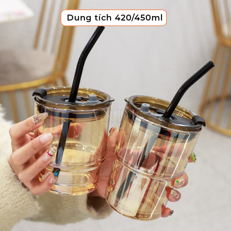 Cốc Uống Nước Có Ống Hút, Cốc Thủy Tinh Có Nắp Và Ống Hút, Chất Liệu Thủy Tinh Cao Cấp