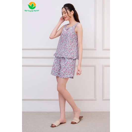 Bộ cotton nữ quần đùi áo sát nách ren ngực B42.2201