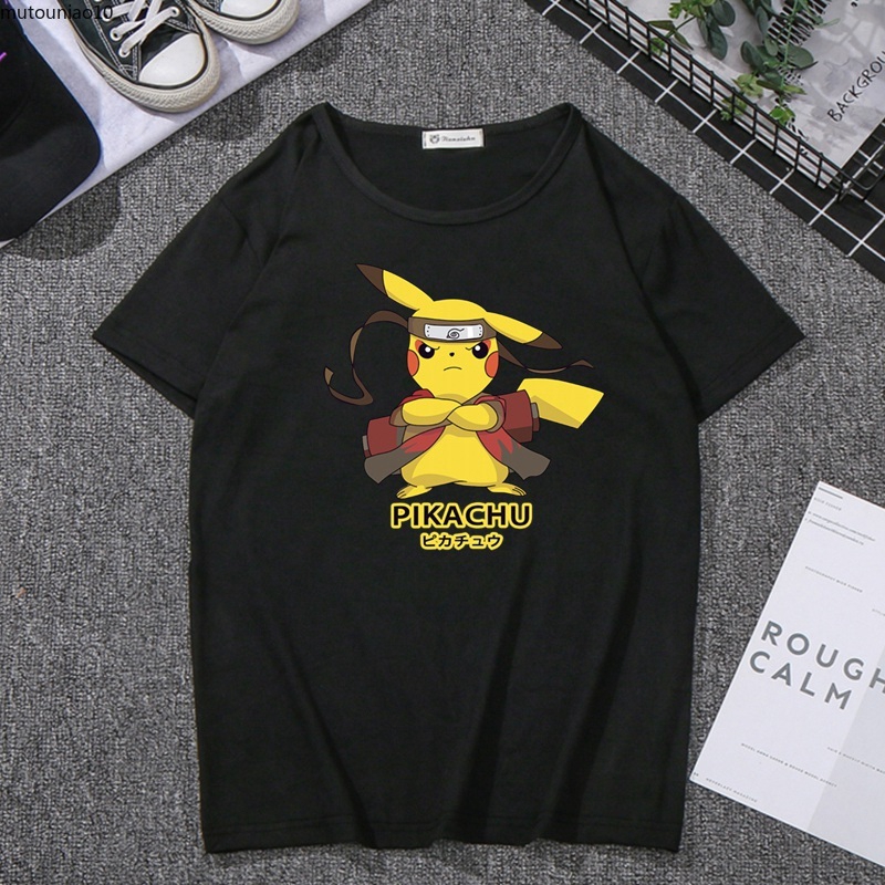 Áo Thun Tay Ngắn Cổ Tròn In Hình Pikachu 2 Màu Trơn Tùy Chọn Cho Nam Và Nữ