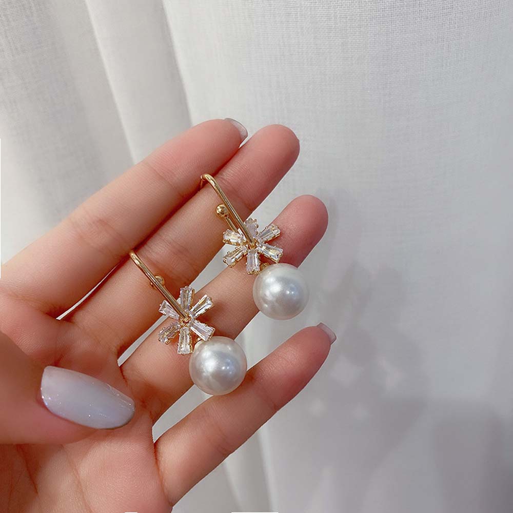 Khuyên Tai Hình Chữ C Đính Đá Zircon / Ngọc Trai Đơn Giản Thời Trang Hàn Quốc