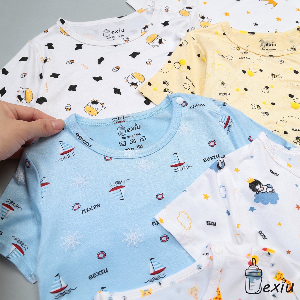 Bộ đồ cộc cài vai in rơi Bexiu Bx - Quần áo trẻ sơ sinh thun cotton lạnh cho bé trai và gái từ 6-19kg