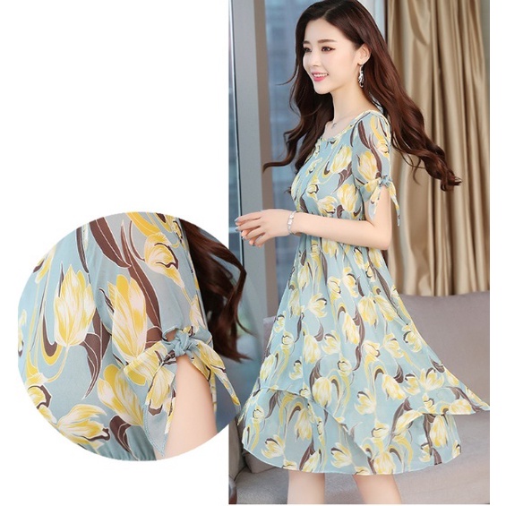 Đầm Xòe Cổ tròn Họa Tiết Hoa 2 Tay Phối Nơ BY1147